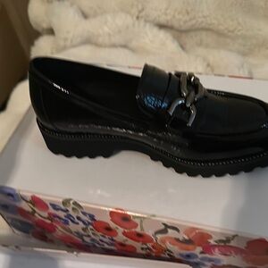 Vaneli Black Patent Leather Loafers with Metal Accent